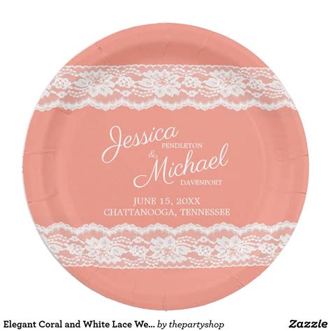 Elegant Coral And White Lace Wedding Paper Plate Paper Plates Wedding