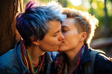 Mulher LGBTQ está se beijando uma mulher a bandeira do arco