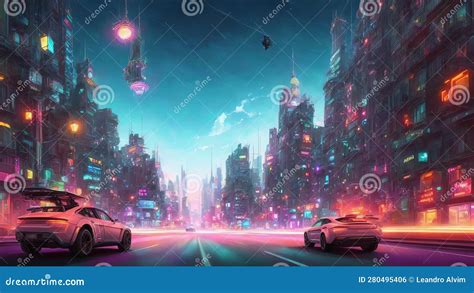 Neon Nights A Futuristic Cityscape Ai Generated Stock Illustration