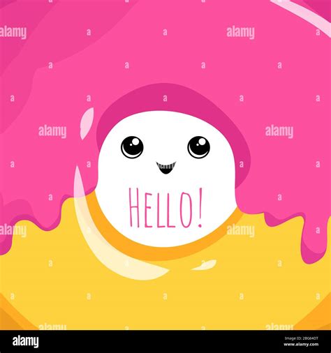 Cute Hello Card With Glazed Donut And Cartoon Eyes Vector Illustration