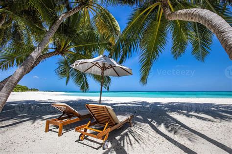 Beautiful Tropical Island Scenery Two Sun Beds Loungers Umbrella