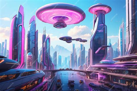 Ficción Panorámica Cyberpunk Futuristic City Con Letreros De Neón Y Luces De Neón Ciudad Con