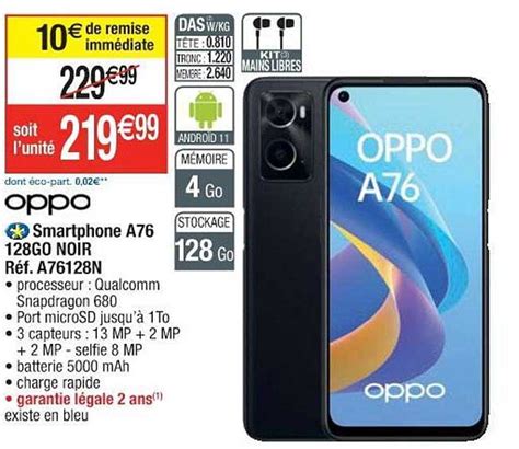 Promo Oppo Smartphone A76 128go Noir Chez Cora ICatalogue Fr