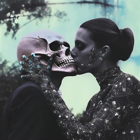 Una Mujer Besando A Un Hombre Con Una Calavera Foto Premium