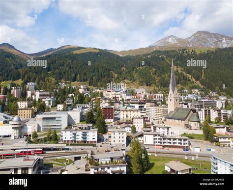 Aerial View Of Davos City And Lake Davos Is Swiss City Famous