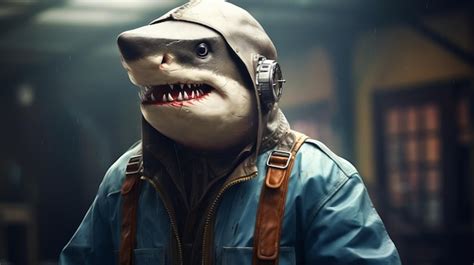 Charming Duckcore Concept Art Man In Shark Mask With Blue Jacket