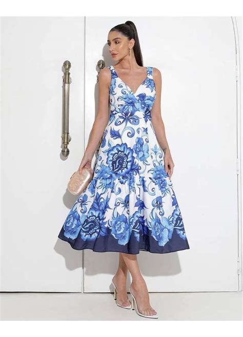 Vestido Miss Misses Midi Estampado Ziper Azul Azul Dress Us