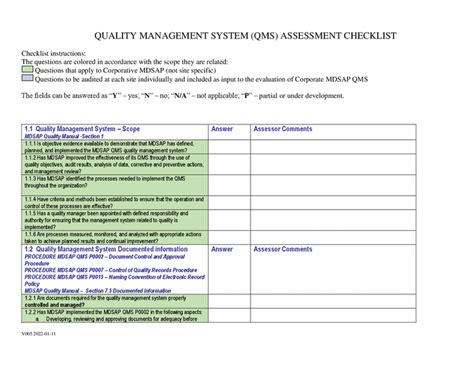 Quality Management System Qms Assessment Checklist In Word And Pdf