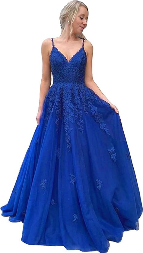 Fuomomo Women Spaghetti Straps Prom Dresses With Lace Applique A Line V