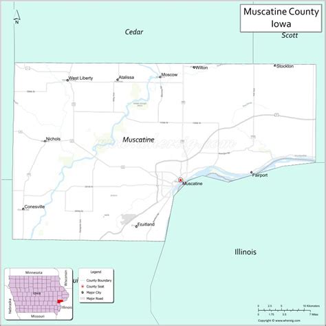 Map of Muscatine County, Iowa showing cities, highways & important ...