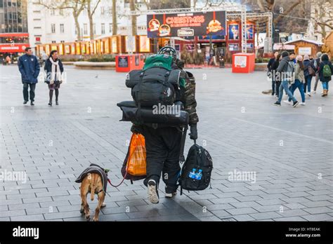 England London Soho Leicester Square Homeless Man With Dog Stock