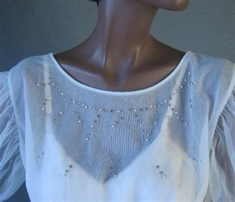 50s Sheer White Blouse Vintage Rhinestones Pearls Puf Gem