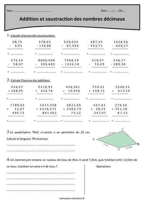 Addition et soustraction des nombres décimaux Cm2 Exercices