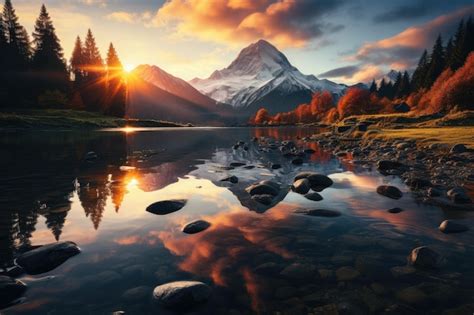 Premium AI Image | A beautiful sunrise over a mountain lake