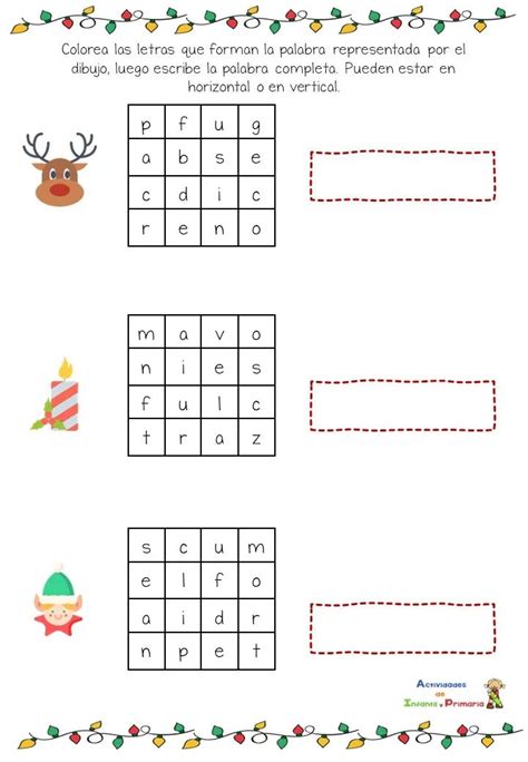 Mini sopas de letras con vocabulario navideño Actividades de