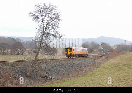 Arriva Wales DMU diesel two carriage train at Machynlleth railway station Stock Photo - Alamy