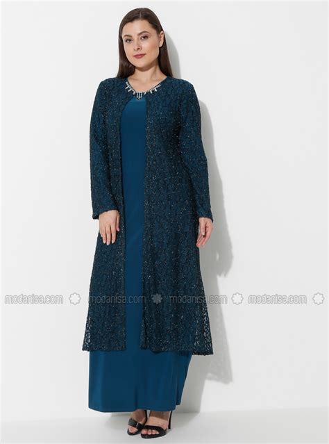 Petrol Fully Lined Crew Neck Muslim Plus Size Evening Dress