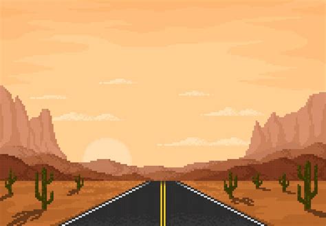 Road In The Desert Bit Pixel Game Landscape Vector Art At