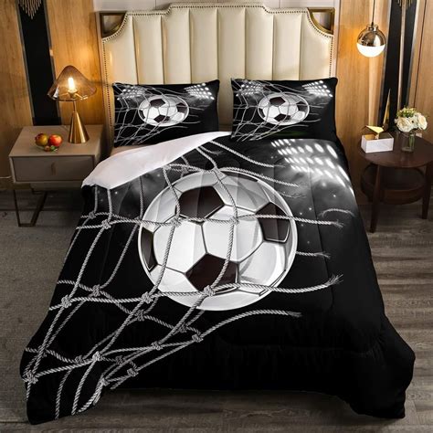 Football Print Bedding Set Boys Black White Soccer Ball Comforter Set