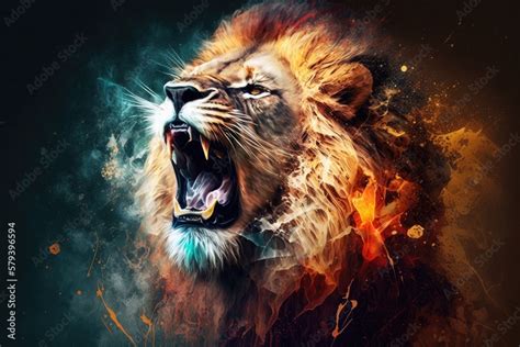 Art illustration of roaring lion head on artistic background. Generative AI. Stock Illustration ...