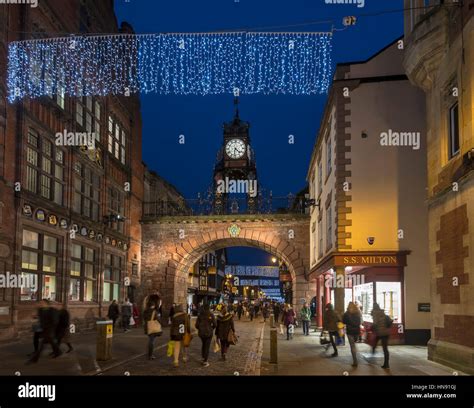 Chester City Centre Eastgate Bridge Christmas Lights Decorations Stock