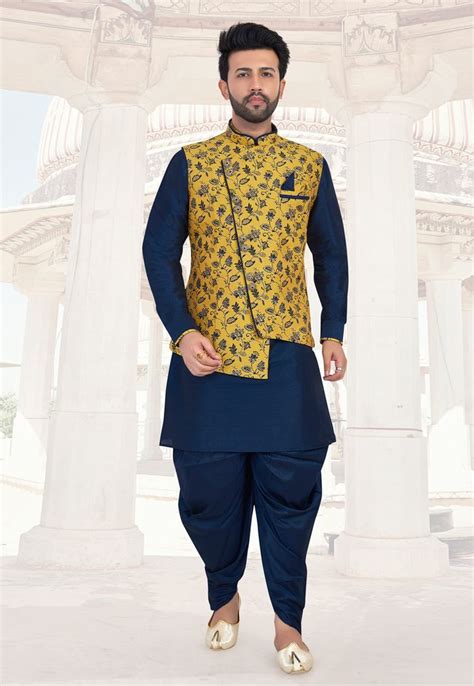 Navy Blue Dupion Readymade Kurta Pajama With Jacket 188212 Jackets Dupion Silk Fashion