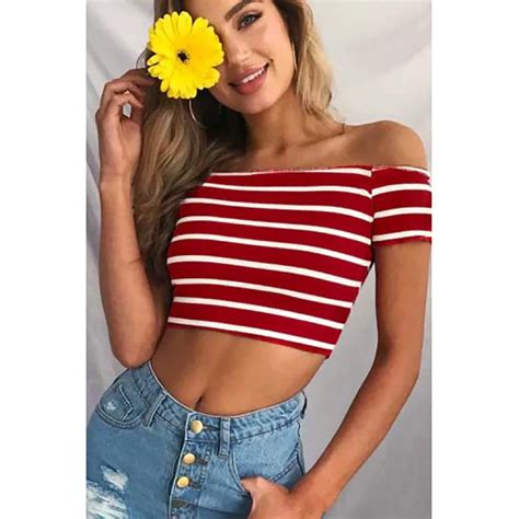 Buy Women Ladies Off Shoulder Short Sleeve Striped