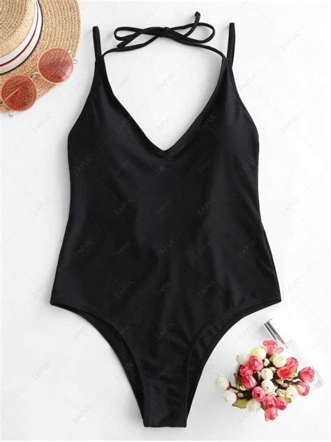 [53 Off] 2019 Zaful Halter High Cut Open Back One Piece Swimsuit In