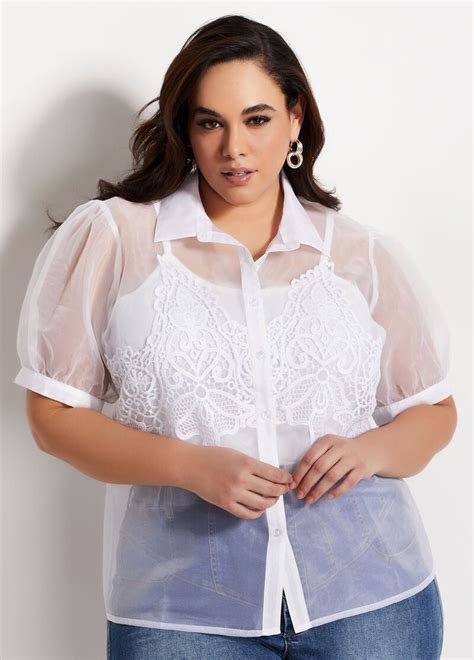 Plus Size Sheer Crochet Trim Puff Sleeve Button Front Blouse Puff