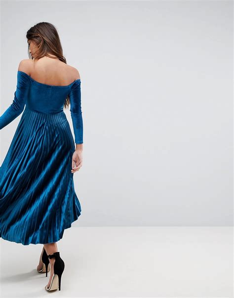 Asos Velvet Wrap Bardot Pleated Midi Dress Shopperboard