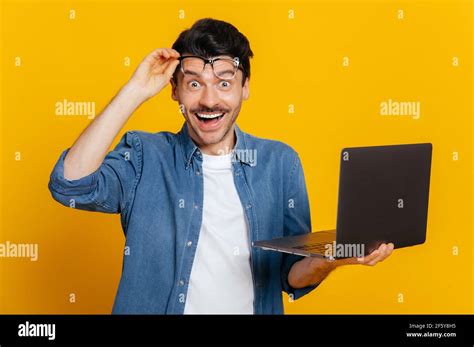 Amazed Happy Excited Confident Unshaven Caucasian Guy Take Off Glasses