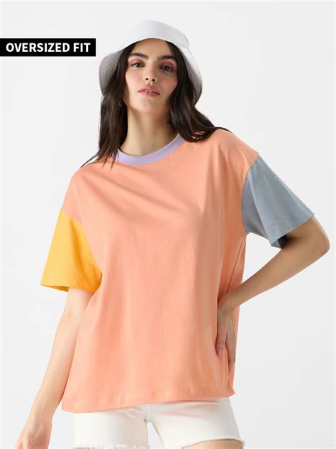 Buy Solids Yellow Pink And Grey Colourblock Womens Oversized T Shirt