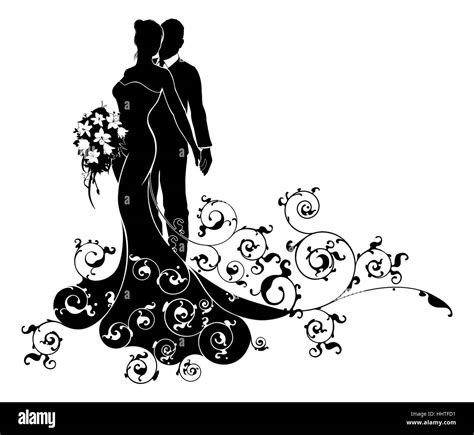 A Bride And Groom Wedding Couple In Silhouette With The Bride In A