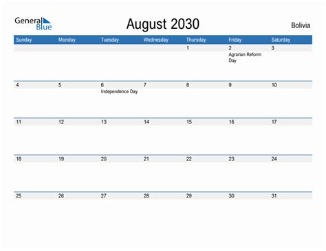 Editable August 2030 Calendar with Bolivia Holidays