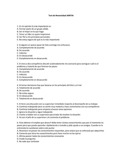 TEST Amitai Test Test de Honestidad AMITAI En mi opiniÛn lo ms