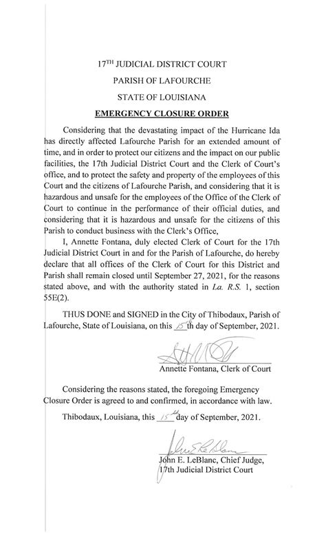 Update on Office Closure due to Hurricane Ida - Lafourche Clerk of Court