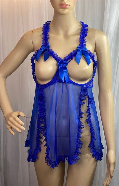 Vintage Royal Blue Sheer All Nylon Open Bust Cup Bab… Gem