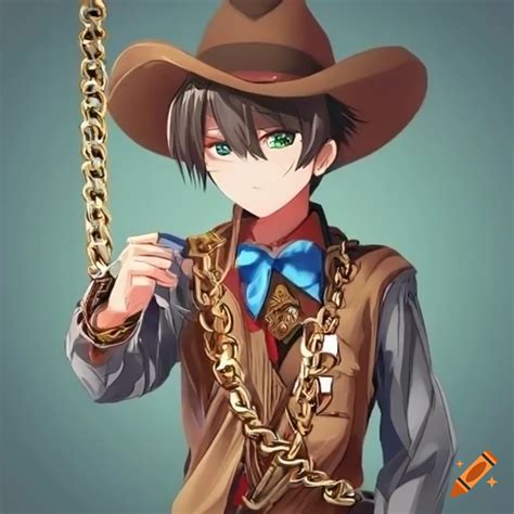 Anime Sheriff Boy In Western Cowboy Outfit With Gold Chain Necklace On