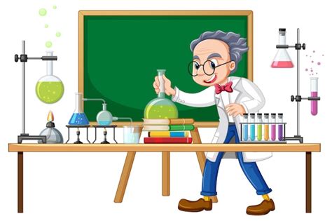 Personaje de dibujos animados científico con objetos de laboratorio de