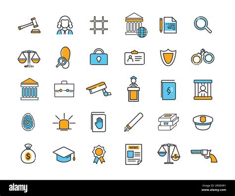 Conjunto de iconos de jurisprudencia lineal Iconos de la ley en diseño