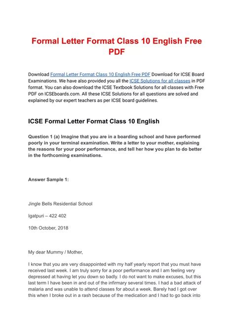 Ppt Formal Letter Format Class 10 English Free Pdf Download