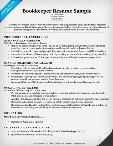 Bookkeeper Resume Sample And Writing Tips Resume Companion