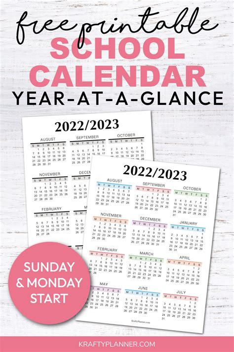 Free Printable Year At A Glance School Calendar Krafty Planner