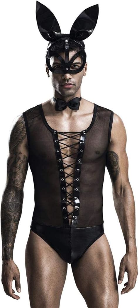 Männer Herren sexy schwarzes Wetlook Hasen Kostüm mit Shorts Maske