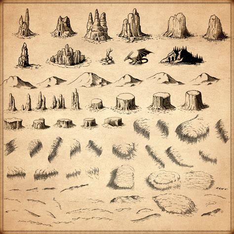 OLD CARTOGRAPHY TOPOGRAPHIC ASSETS COMPLETE BUNDLE -470 ASSETS- (mountains, cliffs, dunes ...