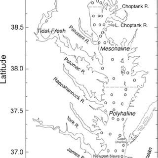 Map of Chesapeake Bay showing major cities, tributaries, salinity ...