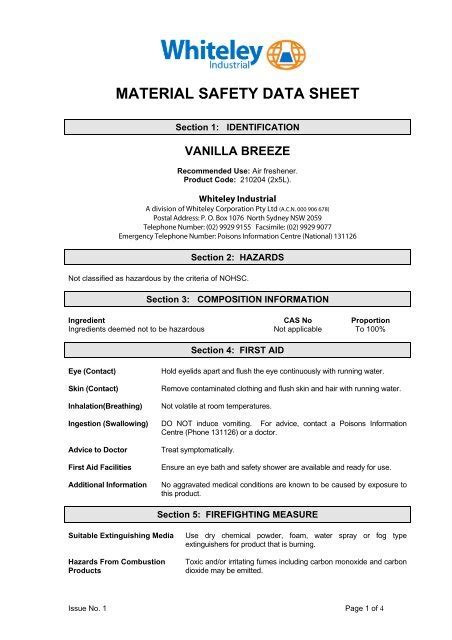 Whiteley Vanilla Breeze Msds Perth Cleaning Supplies