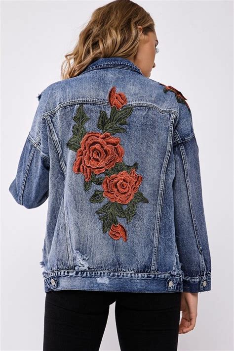 Arizona Mid Wash Rose Applique Denim Jacket Diy Denim Jacket Rose