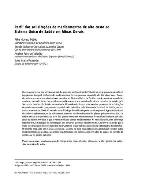 Pdf Perfil Das Solicitações De Medicamentos De Alto Custo Ao Sistema Único De Saúde Em Minas