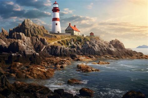 Lighthouse On A Rocky Shore Stock Photo Image Of Wave Landmark